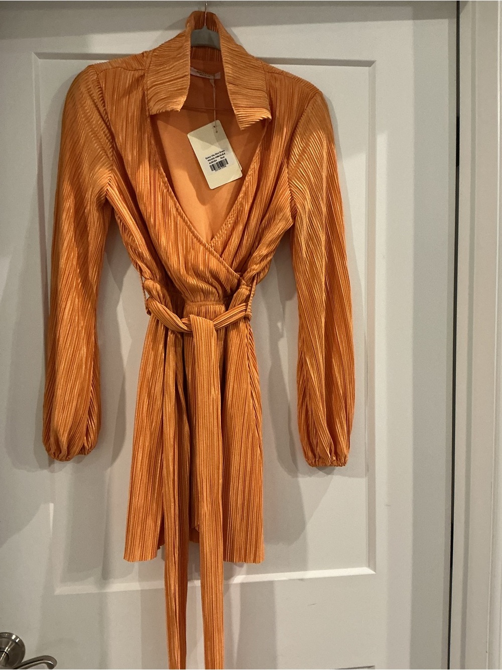 Peppermayo Orange, “Rust” Pleated Wrap Dress with Self-Tie Belt, scalloped hem